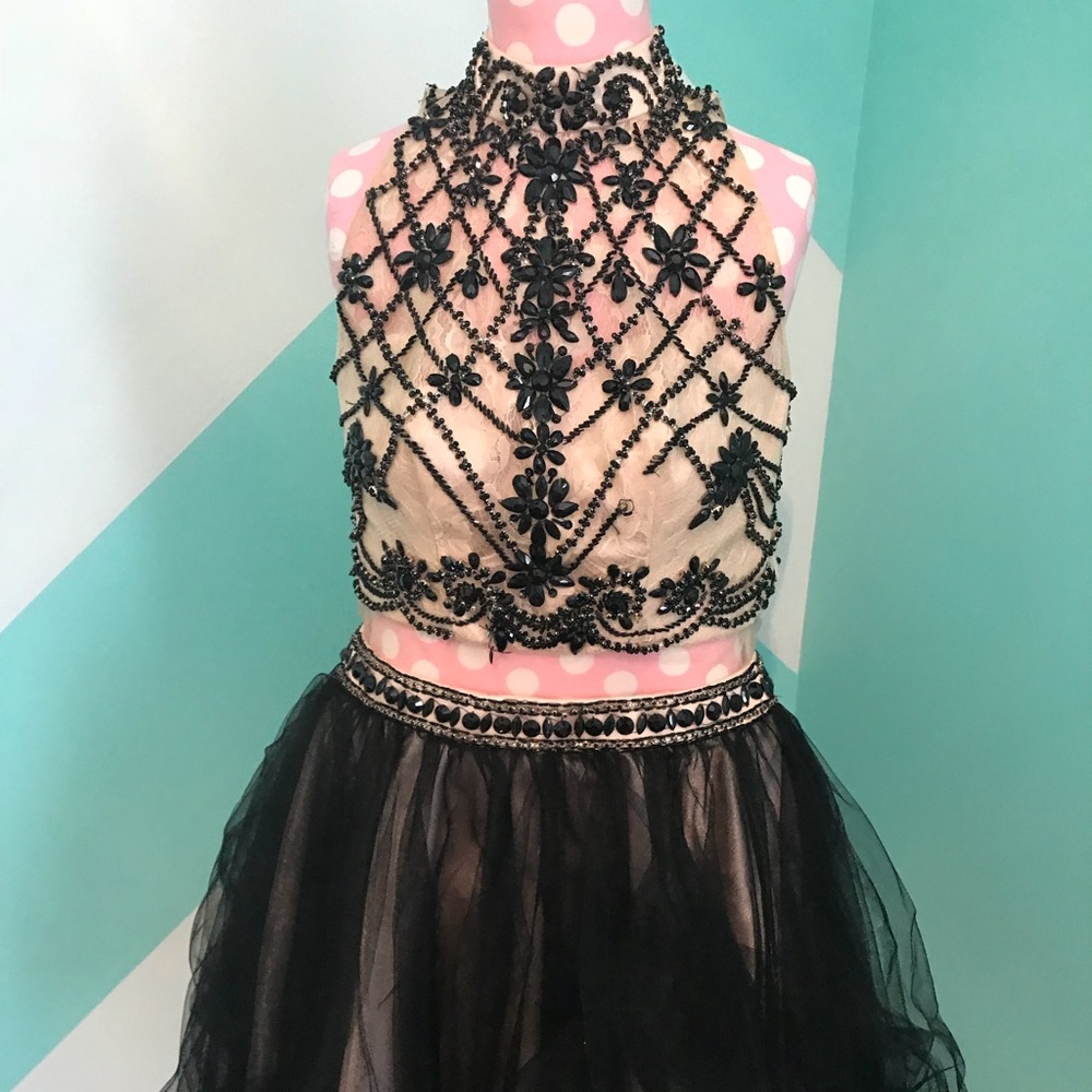 One piece semi formal gown black/beading/mesh